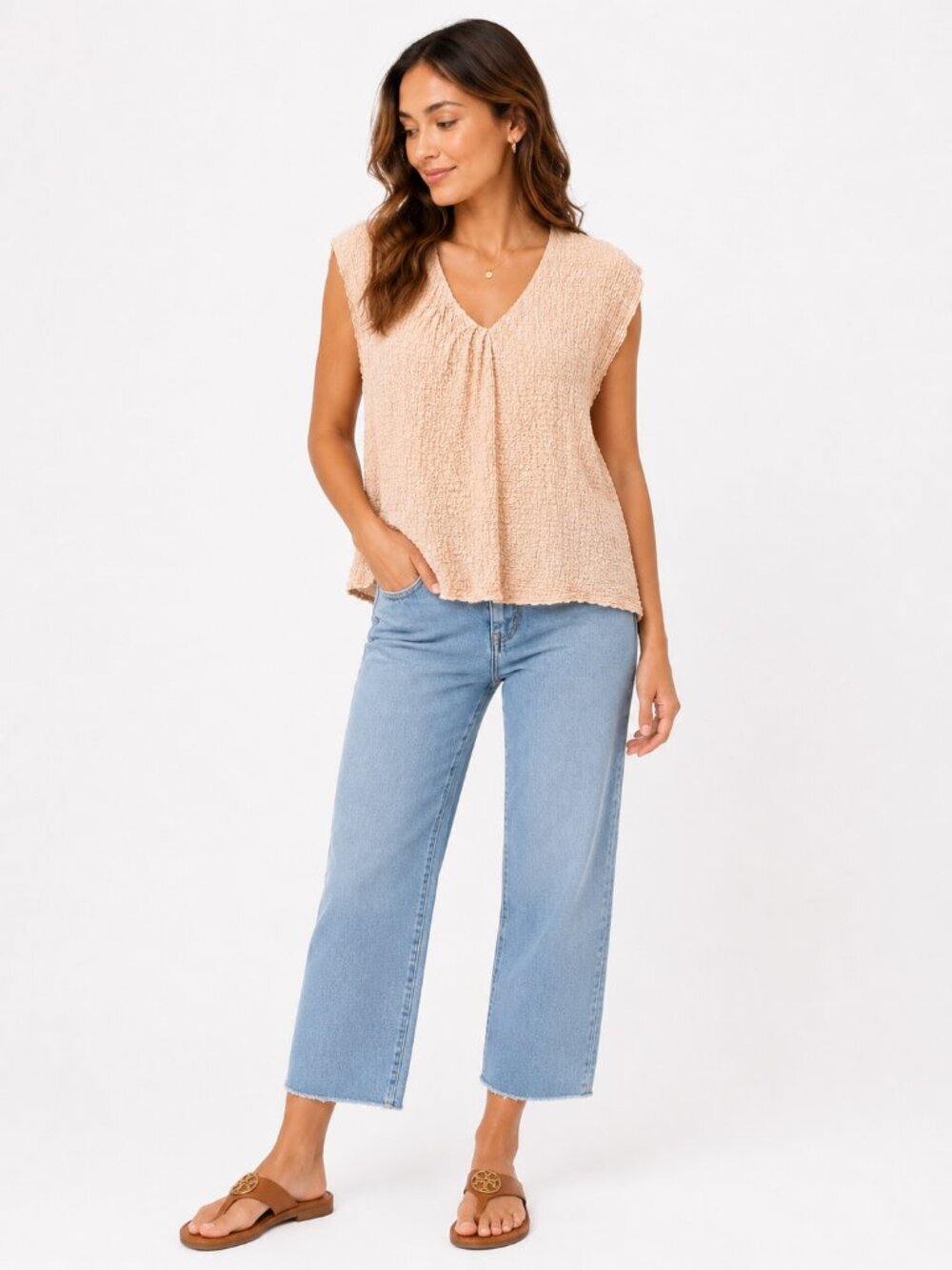 Jeana Sohn Crinkle V-Neck Peach Beige Sleeveless Asymmetrical Textured Top